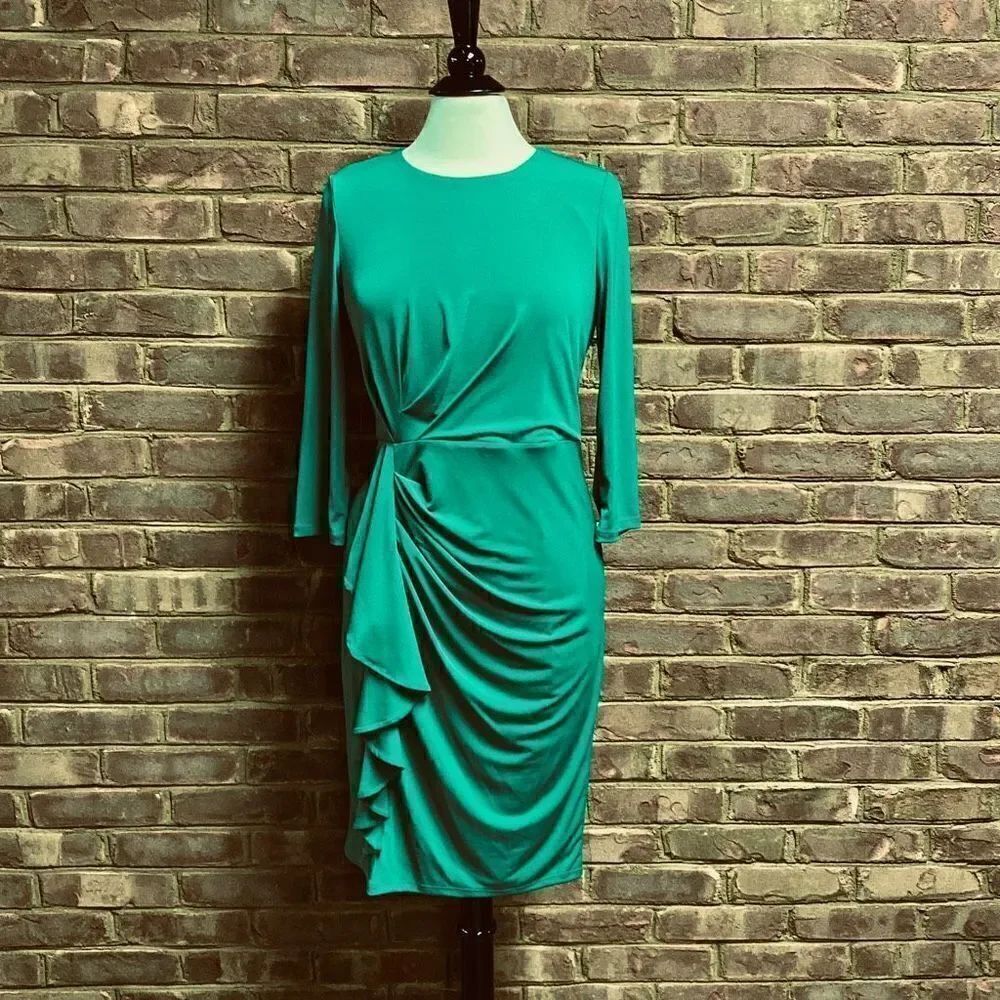 Calvin Klein Green Jersey Knit Ruching Dress Size 8 - Picture 4 of 9